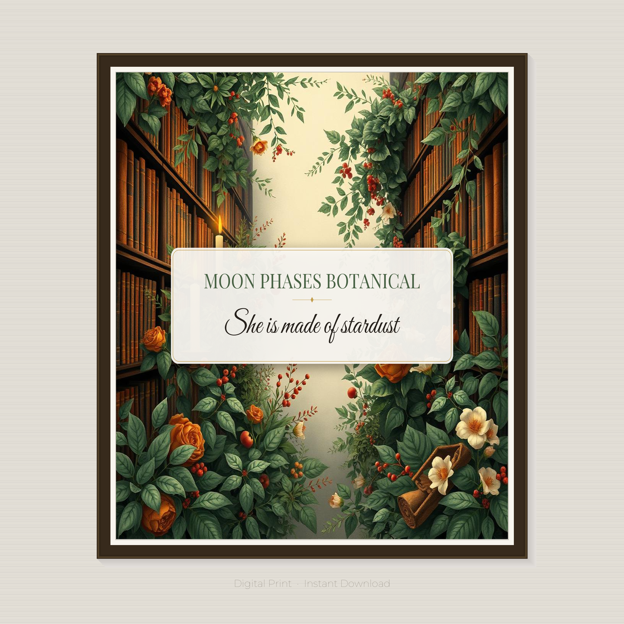 Moon Phases Botanical Wall Art Printable | Celestial Dark Academia Poster