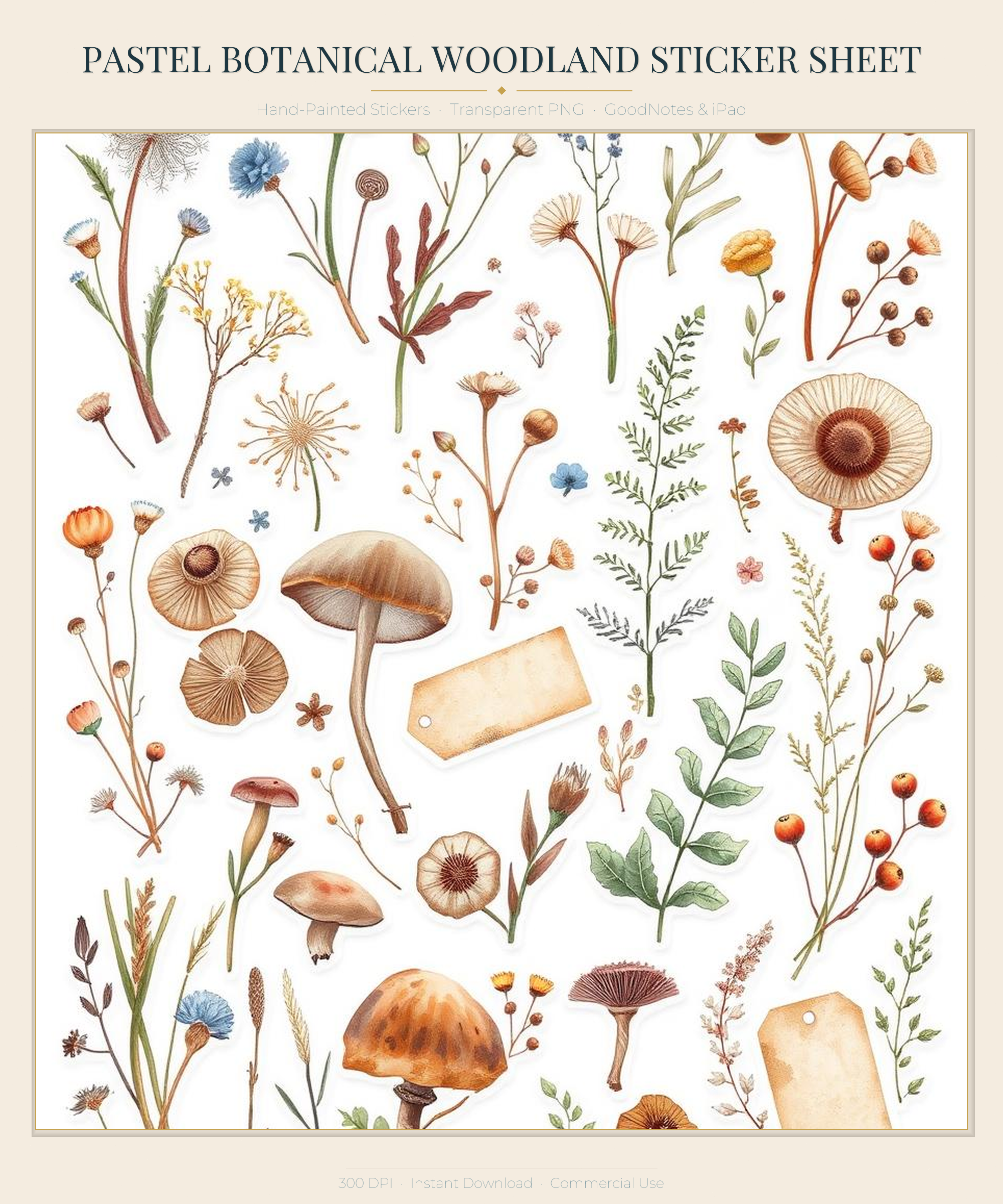Pastel Botanical Woodland Sticker Sheet | GoodNotes Planner Stickers PNG