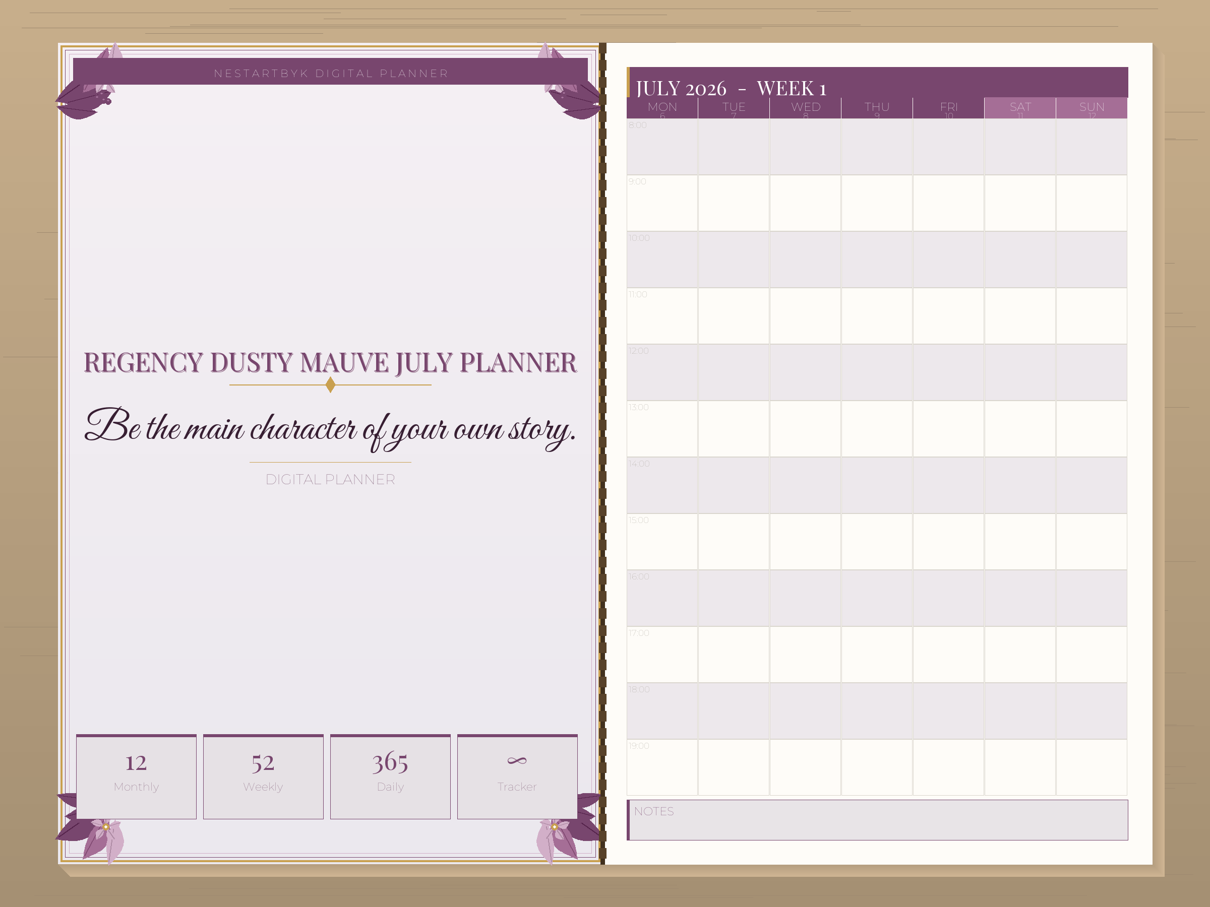 Regency Dusty Mauve July Planner | GoodNotes Printable PDF | Daily Weekly Monthly