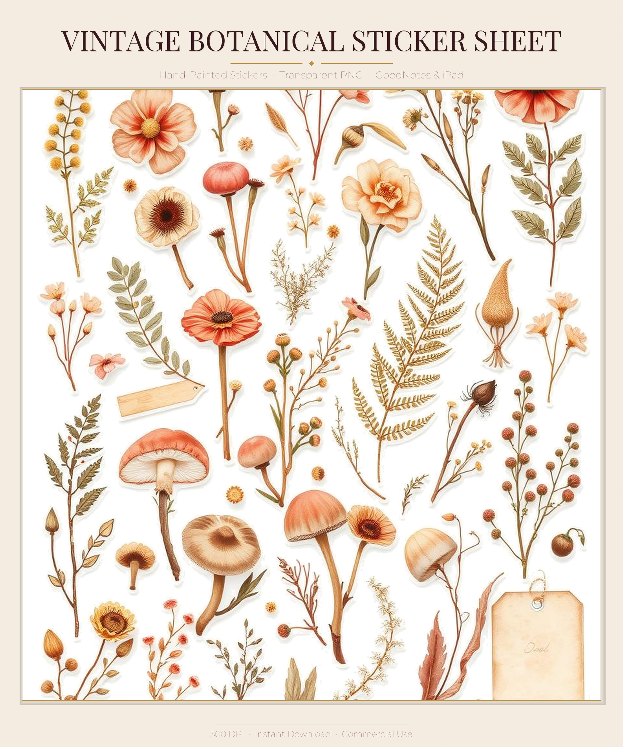 Vintage Botanical Sticker Sheet | GoodNotes Planner Stickers PNG | Woodland Mushroom & Wildflower